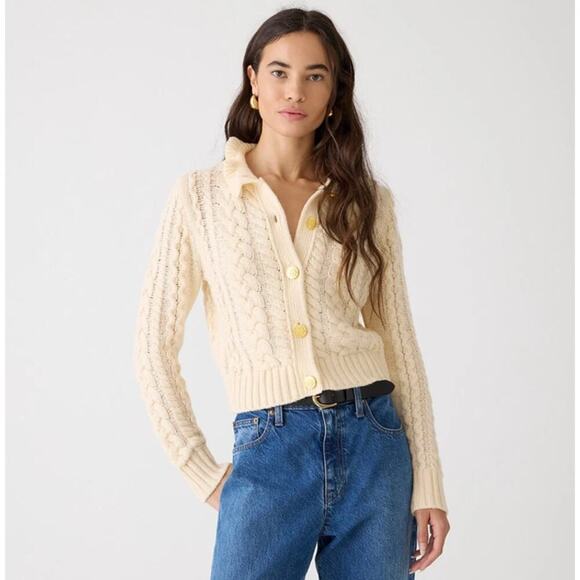 J. Crew Cable Knit Ruffle Neck Cardigan Sweater Butter Size M - Picture 1 of 6